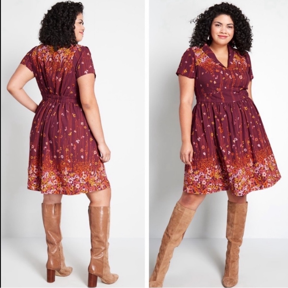 ModCloth Lively Identity Floral Dress in XS - fit-and-flare midi in burgundy